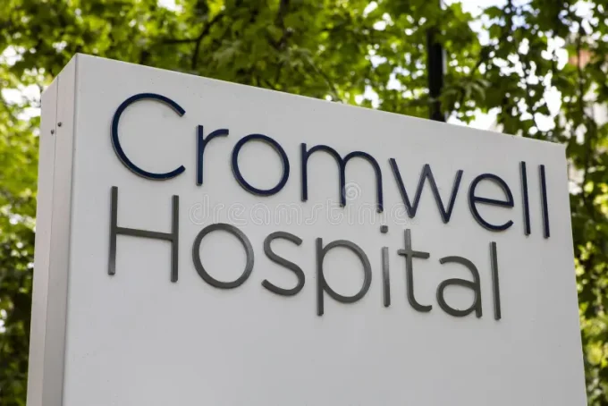 Front view of Cromwell Hospital London with signage
