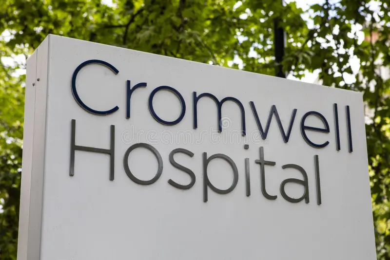 Front view of Cromwell Hospital London with signage